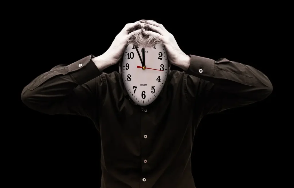 man with face turned into a clock